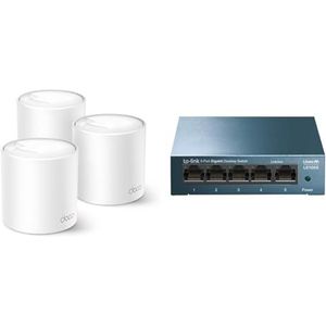 TP-Link Deco X50 Mesh WLAN Set (3 Pack), Wi-Fi 6 AX3000 Dual Band Router & Repeater & LS105G 5-Ports Gigabit Netzwerk Switch