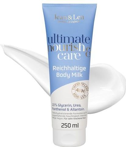 Jean & Len Ultimate Nourish & Care Body Milk, für sehr trockene Haut, spendet der Haut 48h Feuchtigkeit, mit Vitamin E, reichhaltige Körperlotion, ohne Parabene & Silikone, vegan, 250 ml