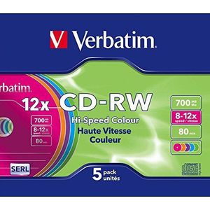 Verbatim CD-RW 700 MB, 5er Pack Slim Case bunt, CD Rohlinge beschreibbar, 52-fache Brenngeschwindigkeit mit langer Lebensdauer, leere CDs, Audio CD Rohling rewritable, CD leer