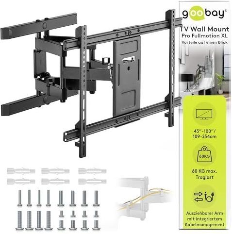 Goobay TV-Wandhalterung Pro FULLMOTION (XL) für 43-100 Zoll Fernseher – voll beweglich, schwenkbar/neigbar, max. 60 kg, VESA 800 x 400, ausziehbarer Arm, integriertes Kabelmanagement – ​​Schwarz 49746