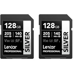 Lexar Silver SD Karte 128GB 2-Pack, UHS-I SDXC Card 205 MB/s Read Speed, 140 MB/s Write Speed, V30, U3, C10, 4K UHD Video, SD Card Memory Card with Lexar Lifetime Data Recovery