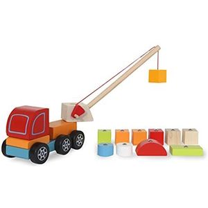 JAMARA Kidiwood Steckspiel Mobilkran 14tlg. – ab 3 Jahre, Massivholz - Bergahorn/Buche, Farben auf Wasserbasis, fördert motorische Fähigkeiten/Tastsinn, magnetische Klötze, 460700, Mehrfarbig
