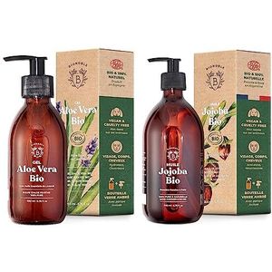Bionoble Jojobaöl Bio 200ml - 100% Rein, Natürlich und Kaltgepresst - Gesicht, Körper, Haare, Bart, Nägel - Vegan und Cruelty Free - Jojoba Oil - Glasflasche + Pumpe & Aloe Vera Gel Bio 200 ml