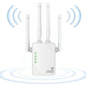 AILKIN WiFi Repeater, Dual Band 2.4G/5G, 1200Mbps, 2 LAN Ports, 4 Antennen, WiFi Erweiterung für Zuhause und Büro
