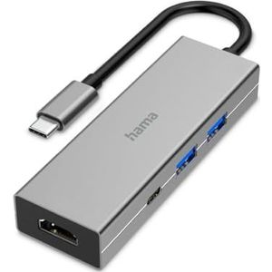Hama USB C Hub 4 Ports (Multiport Adapter 1x HDMI 4K Ultra HD für Monitor oder Beamer, 2X USB-A, 1x USB-C zur Übertragung von Daten und zum Laden mit PD, USB C Adapter 4in1 für Büro, Homeoffice) Alu