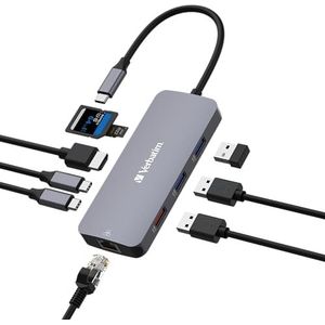 Verbatim USB C Hub 9-in-1, Multiport Adapter USB-C auf HDMI, RJ45, USBA-A und USB-C, mit SD Kartenleser, für Mac, MacBook Pro/Air, iPad Pro, Thinkpad, Windows Computer, Laptop und Co