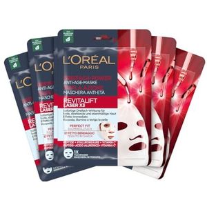 L'Oréal Paris Anti-Aging-Tuchmasken mit Dreifachpower für Frauen: für feste, strahlende und ebenmäßige Haut mit Pro-Retinol, Vitamin C und Hyaluronsäure, RevitaLift Laser X3, Tuchmaske Set 5x