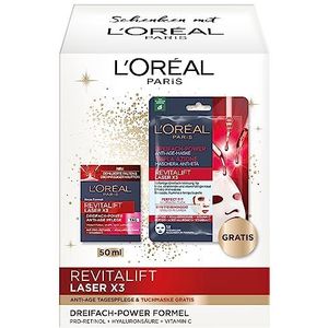 L'Oréal Paris Anti-Age Gesichtspflegeset mit Tagespflege und Tuchmaske, Mit Pro-Retinol, Hyaluronsäure & Vitamin C, Revitalift Laser X3, 2-teilig
