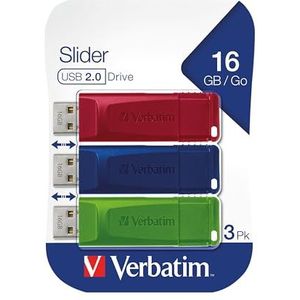 Verbatim Slider USB-Stick Multipack 16GB, USB 2.0, 3x USB Speicherstick, für Laptop Notebook Ultrabook TV Autoradio, USB 2.0 Stick, Datenstick mit Schiebemechanismus, Rot Blau Grün