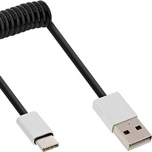 InLine 35871 USB 2.0 Spiralkabel, USB Typ-C Stecker an A Stecker, schwarz/Alu, flexibel, 1m