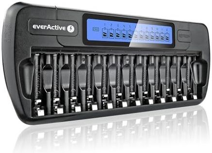 everActive Ladegerät für 12 Akkus AAA AA, schnelle Ladung - 4 Stunden Akku-Set, LCD Anzeige, Auffrischungsmodus, KFZ Adapter, Modell: NC-1200