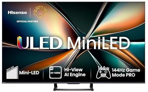 Hisense 65U7Q Fernseher 65 Zoll, 4K Mini LED ULED, Smart TV, Hi-View AI Engine, 144Hz Game Mode Pro, FreeSync Premium, Built in Subwoofer, Dolby Vision IQ Atmos, Airplay, Sprachsteuerung[2025]