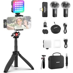 NEEWER Vlogging Set für Handy mit RGB LED Licht/Lavalier Funkmikrofon System/Mini Stativ/Handy Käfig Video Rig, Inhalt Ersteller Grundausstattung kompatibel mit iPhone Android Podcast YouTube, PA048