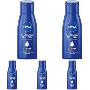 NIVEA Reichhaltige Body Milk Mini (75 ml), intensiv pflegende Körpercreme mit Mandelöl natürlichen Ursprungs, Lotion mit Tiefenpflege Serum und Vitamin E für 48h Feuchtigkeit (Packung mit 5)