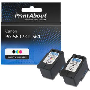 PrintAbout huismerk Inktcartridge PG-560 / CL-561 (PG-560XL + CL-561XL) Zwart + 3 kleuren Multipack Hoge capaciteit Geschikt voor Canon