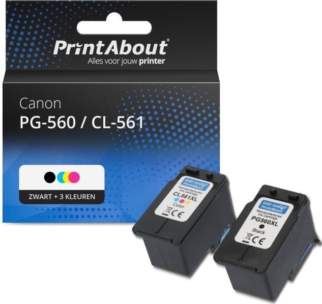 PrintAbout huismerk Inktcartridge PG-560 / CL-561 (PG-560XL + CL-561XL) Zwart + 3 kleuren Multipack Hoge capaciteit Geschikt voor Canon
