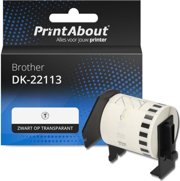 PrintAbout huismerk Etiket DK-22113 Zwart op transparant (62 mm) Geschikt voor Brother