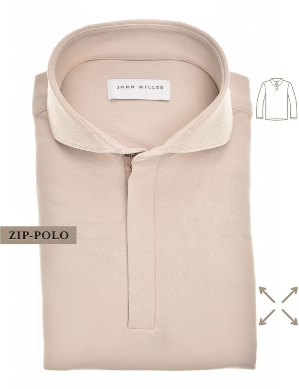 John Miller Poloshirt lange mouw lichtbruin, Effen