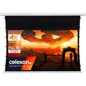 celexon basic Tension-Leinwand 110" | 240x135cm 16:9 | elektrische Full-HD 4K Beamerleinwand mit Seilspannsystem für Heimkino und Büropräsentationen | Decken-/Wandmontage möglich | inkl. Fernbedienung