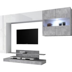 Tv-wandmeubel Ramon 248 cm breed in hoogglans wit met grijs beton