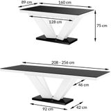 Uitschuifbare eettafel Viva 2 - 160 tot 256 cm breed in hoogglans grijs met wit