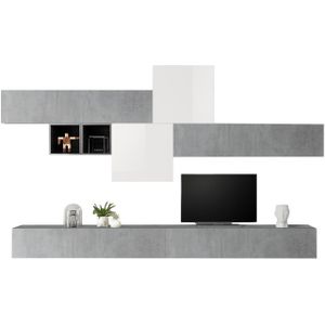 TV-wandmeubel Gilly in hoogglans wit met grijs beton