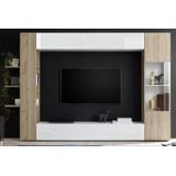 Tv-wandmeubel Marina 285 cm breed in hoogglans wit met cadiz eiken