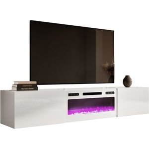 Zwevend Tv-meubel Slide 200 cm breed hoogglans wit met wit sfeerhaard