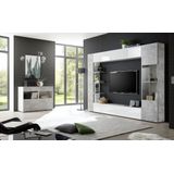 Tv-wandmeubel Marina 285 cm breed in hoogglans wit met grijs beton