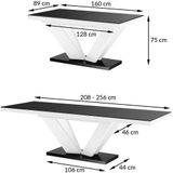 Uitschuifbare eettafel Viva 160 tot 256 cm breed in hoogglans zwart met wit