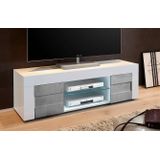 Tv-meubel Easy 138 cm breed in hoogglans wit met grijs beton