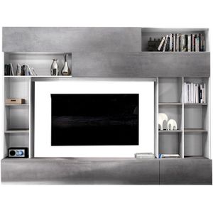 Tv-wandmeubel Tiko 277 cm breed in wit met grijs beton