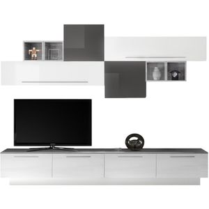 TV-wandmeubel set Helsing in hoogglans wit en grijs met grijs beton