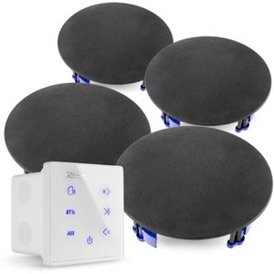 Power Dynamics Powerline A100W Set met witte inbouw versterker en 4 zwarte plafondspeakers