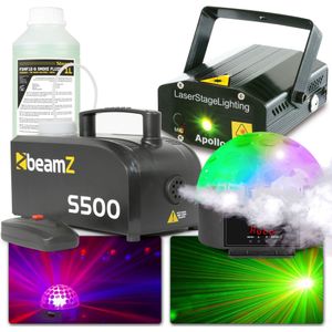 BeamZ feestverlichting pakket met LED lichteffect, laser en rookmachine