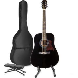 MAX SoloJam Western akoestische gitaar met gitaarstandaard en voetsteun - Zwart