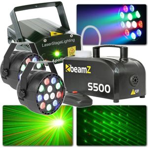 BeamZ lichtset met Laser, PAR spots en 500W rookmachine