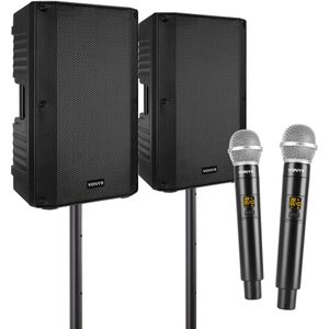 Vonyx karaoke set voor volwassenen met 2x draadloze microfoons - 2 krachtige speakers inclusief statieven