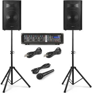 Vonyx VX210 Complete geluidsinstallatie voor zang - 2x 10 inch speakers - 4 kanaalsmixers met ingebouwde versterker -  2x speakerstandaard