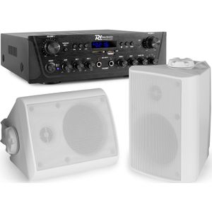 Power Dynamics PV220BT geluidsinstallatie - Set BGO40 witte opbouw speakers - 2-zone versterker - Bluetooth