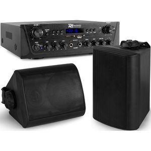 Power Dynamics PV220BT geluidsinstallatie - Set BGO40 zwarte opbouw speakers - 2-zone versterker - Bluetooth