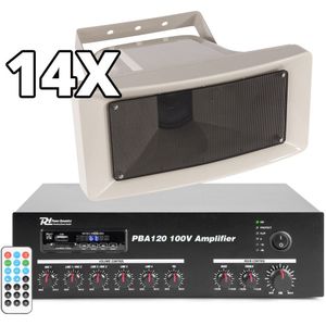 100V geluidsinstallatie met 14 speakers voor winkelcentrum, bedrijfshal, etc.