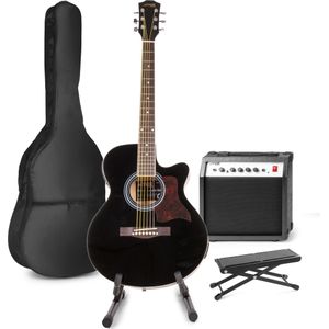 MAX ShowKit elektrisch akoestische gitaar met gitaarstandaard en voetsteun - Zwart