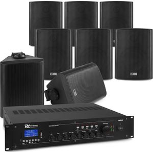 Power Dynamics 100V set voor buitenterras of overkapping - 8 speakers & 4-zone versterker - Bluetooth