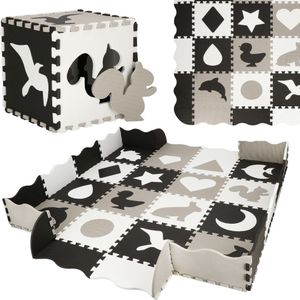 Speelmat | Speelmat Foam | Puzzelmat | Figuren | 16 Puzzelstukken | 150 x 150 cm | Zwart/Wit/Grijs