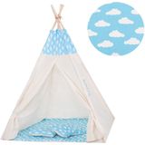 Tipi Tent | Wigwam Speeltent | 120x100x180 cm | Met Mat en Kussens | Naturel Blauw | Wolken