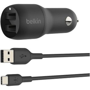 Belkin Dual Usb-a Car Charger 24 Watt Met Pvc Usb-a-naar-usb-c-kabel 1 Meter Zwart
