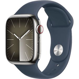 Apple Watch Series 9 Cellular 45 Mm Zilver Roestvrijstalen Case/stormblauw Sport Band - S/m