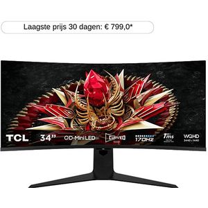 TCL 34R83Q - Ultrawide QHD Mini LED Gaming Monitor - QLED - HDR1600 - USB-C 90w - 34 inch