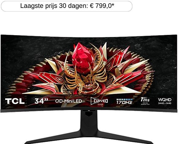 TCL 34R83Q - Ultrawide QHD Mini LED Gaming Monitor - QLED - HDR1600 - USB-C 90w - 34 inch